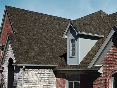A house with a steep, multi-gabled roof covered in dark shingles, featuring brick and stonework on the exterior walls. Blue sky background.