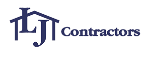 Logo for LJ Contractors featuring stylized blue letters integrated into a house design with the word "Contractors" to the right.
